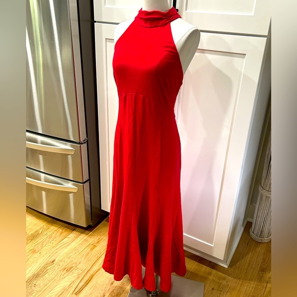 NWOT Anthropologie Red Halter Flounce MIDI Dress With Side Zip - Picture 3 of 11